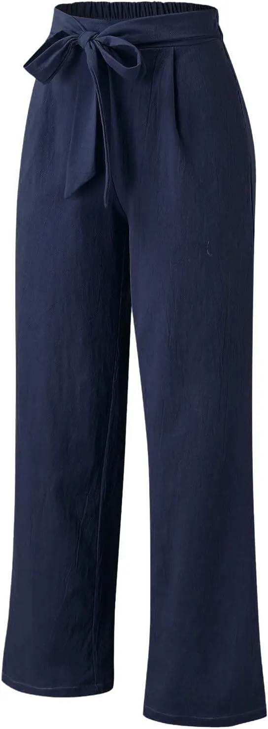 Women Cotton Linen Summer Pants High Waist Straight Wide Leg Casual Pants Adjustable Tie Knot Baggy Trousers with Pockets
