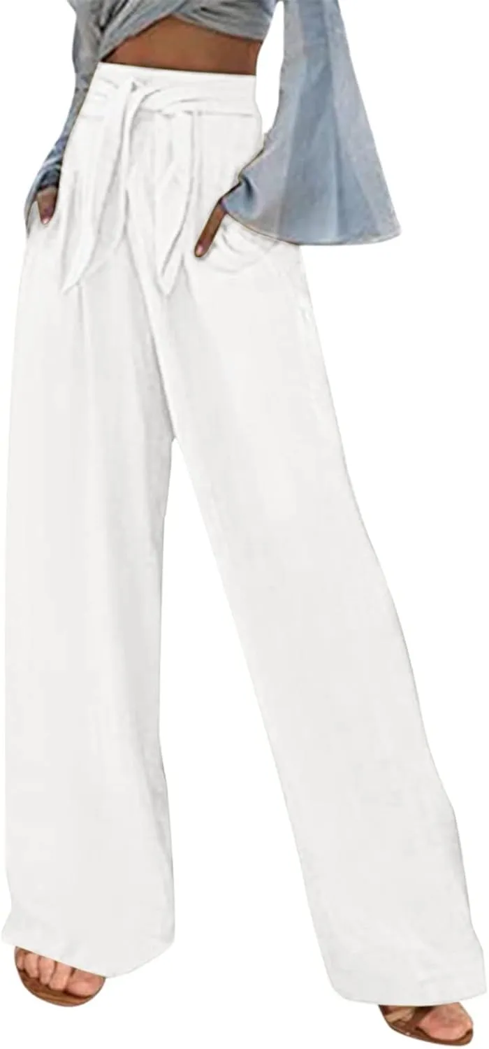 Women Cotton Linen Summer Pants High Waist Straight Wide Leg Casual Pants Adjustable Tie Knot Baggy Trousers with Pockets
