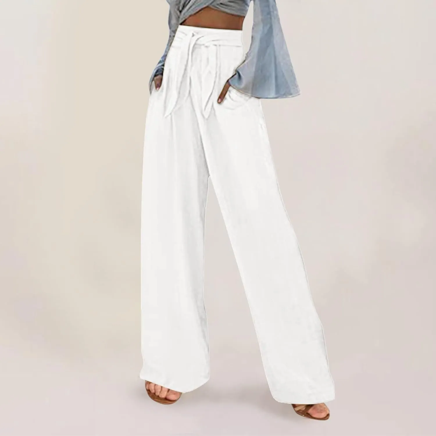Women Cotton Linen Summer Pants High Waist Straight Wide Leg Casual Pants Adjustable Tie Knot Baggy Trousers with Pockets