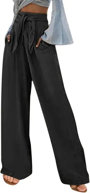 Women Cotton Linen Summer Pants High Waist Straight Wide Leg Casual Pants Adjustable Tie Knot Baggy Trousers with Pockets