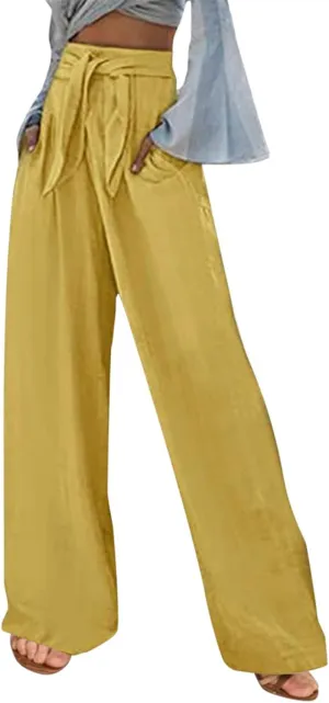 Women Cotton Linen Summer Pants High Waist Straight Wide Leg Casual Pants Adjustable Tie Knot Baggy Trousers with Pockets