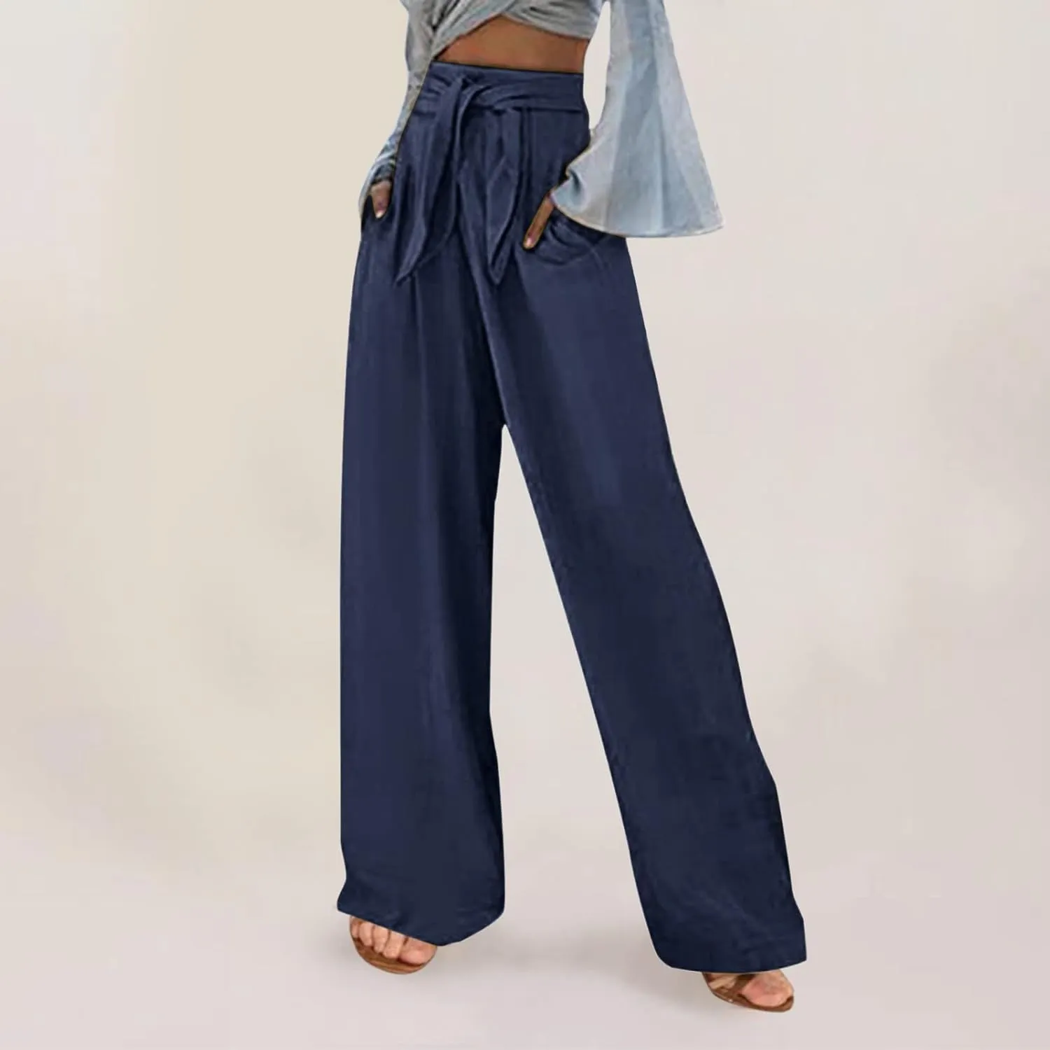 Women Cotton Linen Summer Pants High Waist Straight Wide Leg Casual Pants Adjustable Tie Knot Baggy Trousers with Pockets