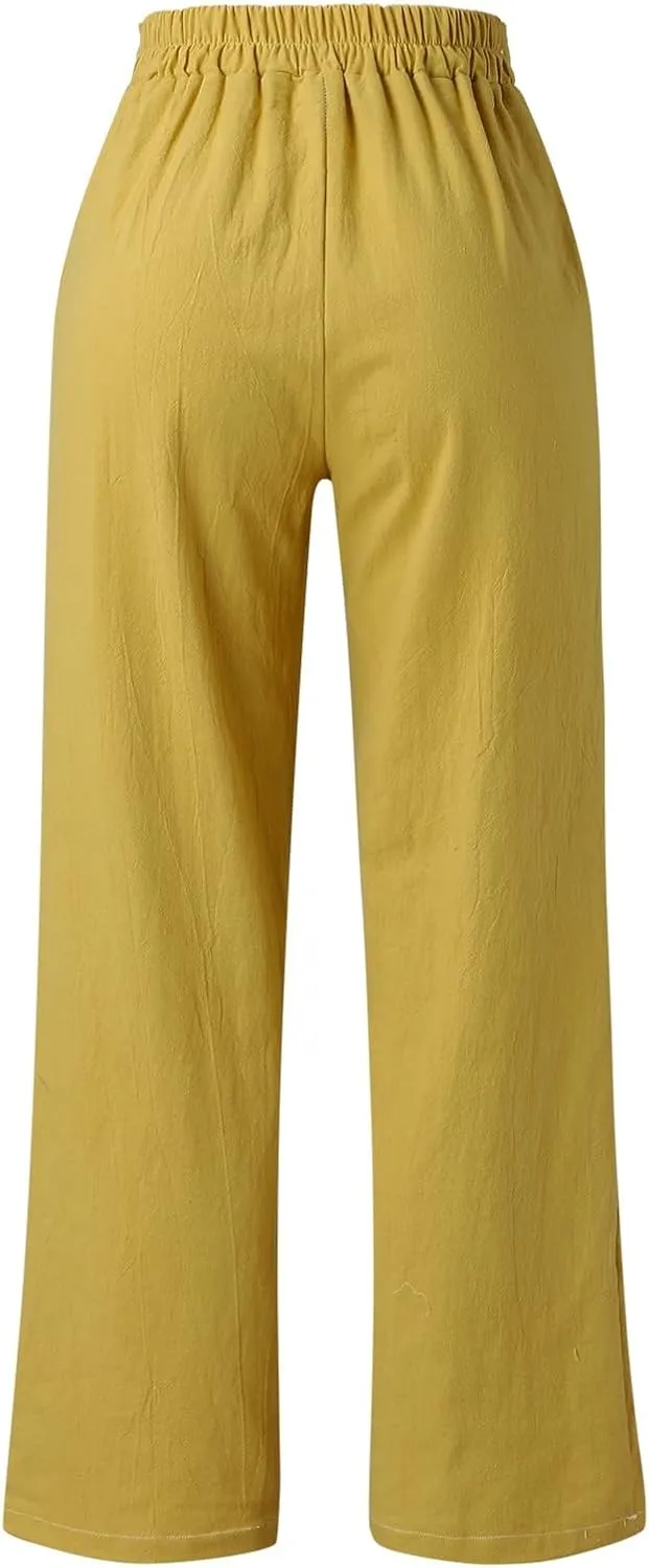 Women Cotton Linen Summer Pants High Waist Straight Wide Leg Casual Pants Adjustable Tie Knot Baggy Trousers with Pockets
