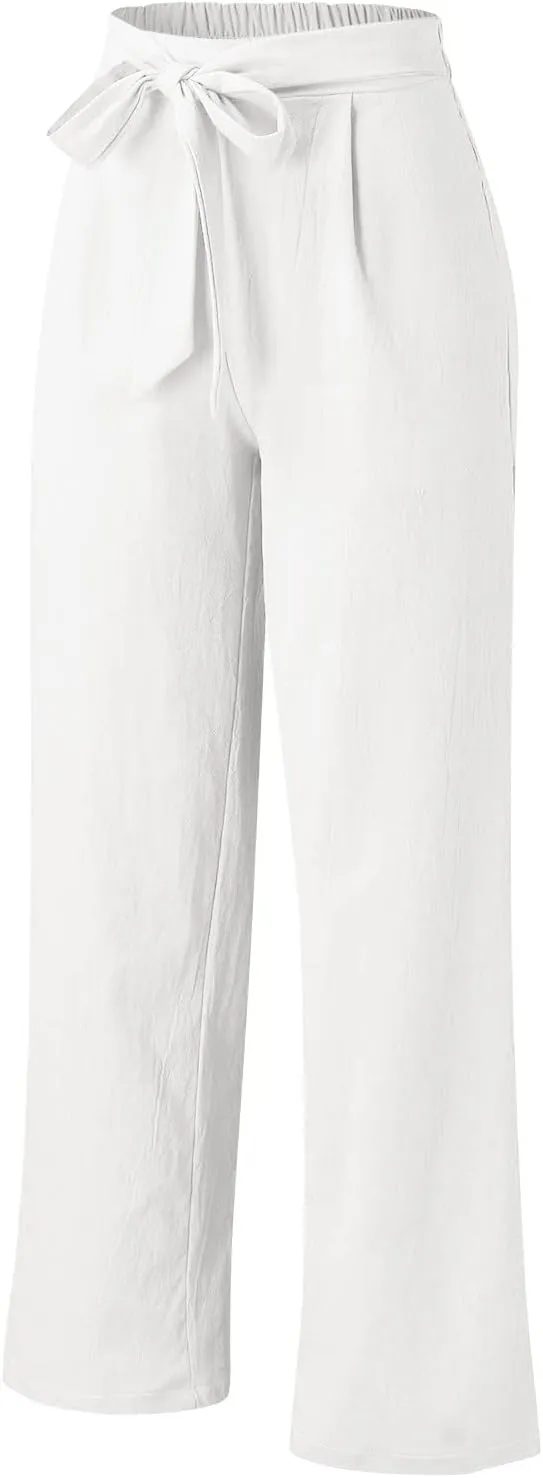 Women Cotton Linen Summer Pants High Waist Straight Wide Leg Casual Pants Adjustable Tie Knot Baggy Trousers with Pockets