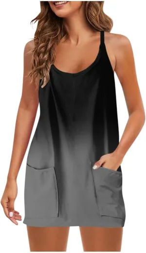 Women Gradient Color Dresses Crew Neck Sleeveless Casual Summer Midi Dress Plus Size Elastic Sundress