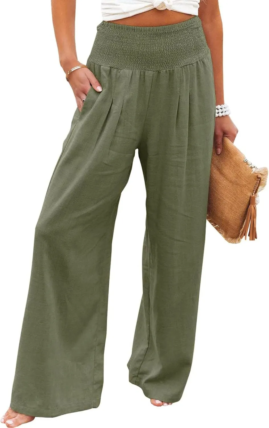 Women Linen Cotton Pants Elastic High Waisted Baggy Casual Palazzo Trousers 2024 Summer Solid Straight Wide Leg Beach Pants