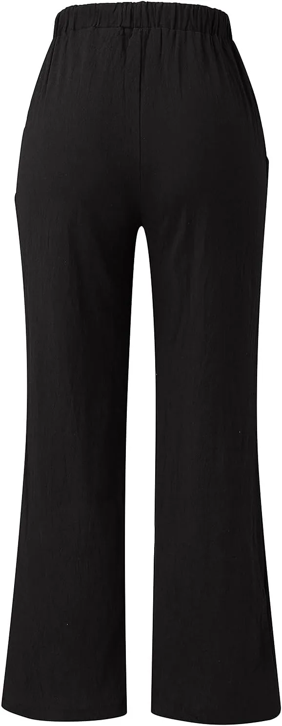 Women Linen Cotton Summer Pants Drawstring Elastic Waist Palazzo Trousers Straight Wide Leg Baagy Casual Pocket Pants