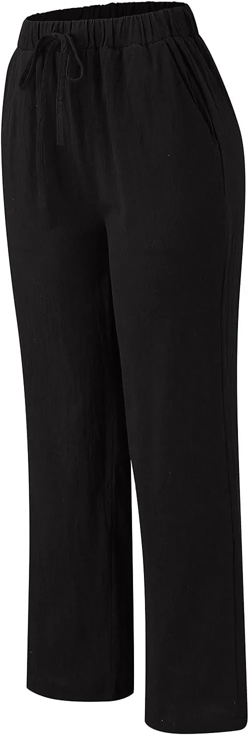 Women Linen Cotton Summer Pants Drawstring Elastic Waist Palazzo Trousers Straight Wide Leg Baagy Casual Pocket Pants