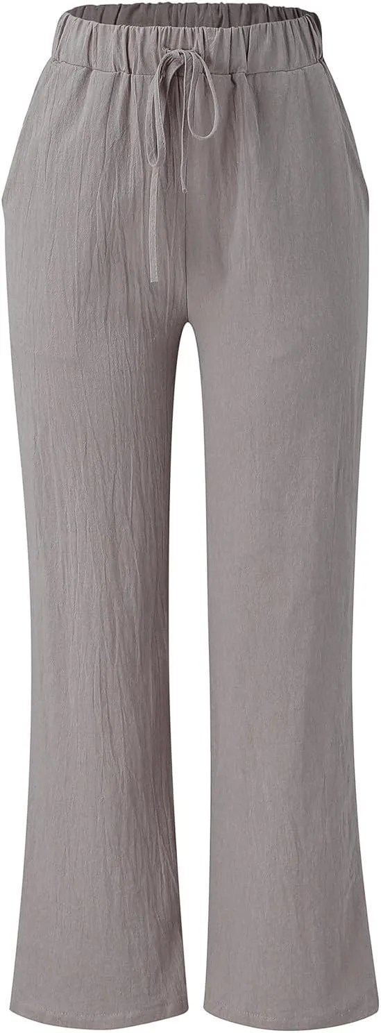 Women Linen Cotton Summer Pants Drawstring Elastic Waist Palazzo Trousers Straight Wide Leg Baagy Casual Pocket Pants