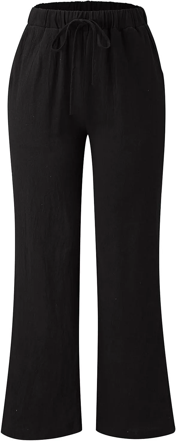 Women Linen Cotton Summer Pants Drawstring Elastic Waist Palazzo Trousers Straight Wide Leg Baagy Casual Pocket Pants