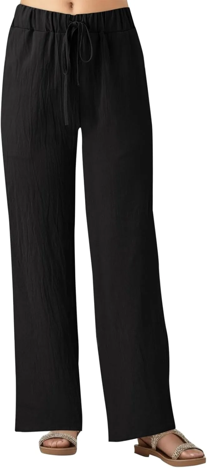 Women Linen Cotton Summer Pants Drawstring Elastic Waist Palazzo Trousers Straight Wide Leg Baagy Casual Pocket Pants
