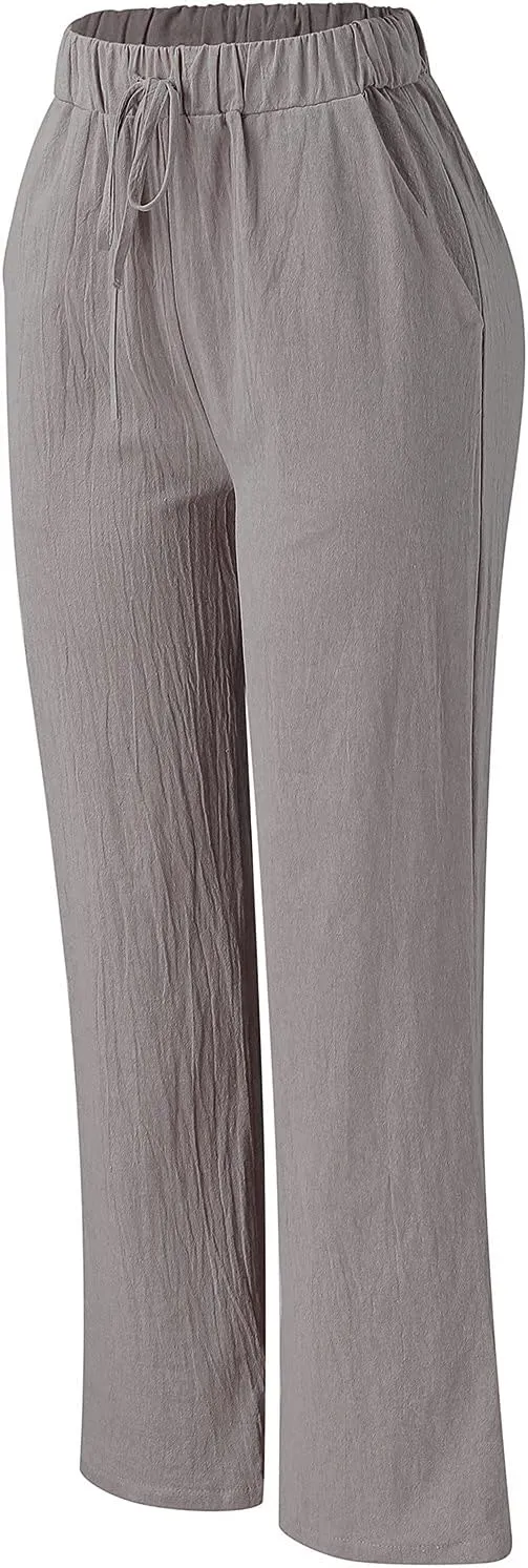 Women Linen Cotton Summer Pants Drawstring Elastic Waist Palazzo Trousers Straight Wide Leg Baagy Casual Pocket Pants