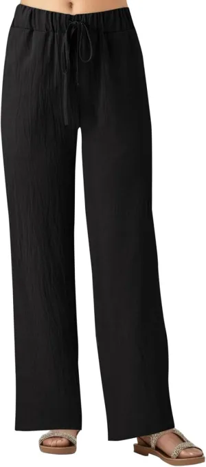 Women Linen Cotton Summer Pants Drawstring Elastic Waist Palazzo Trousers Straight Wide Leg Baagy Casual Pocket Pants