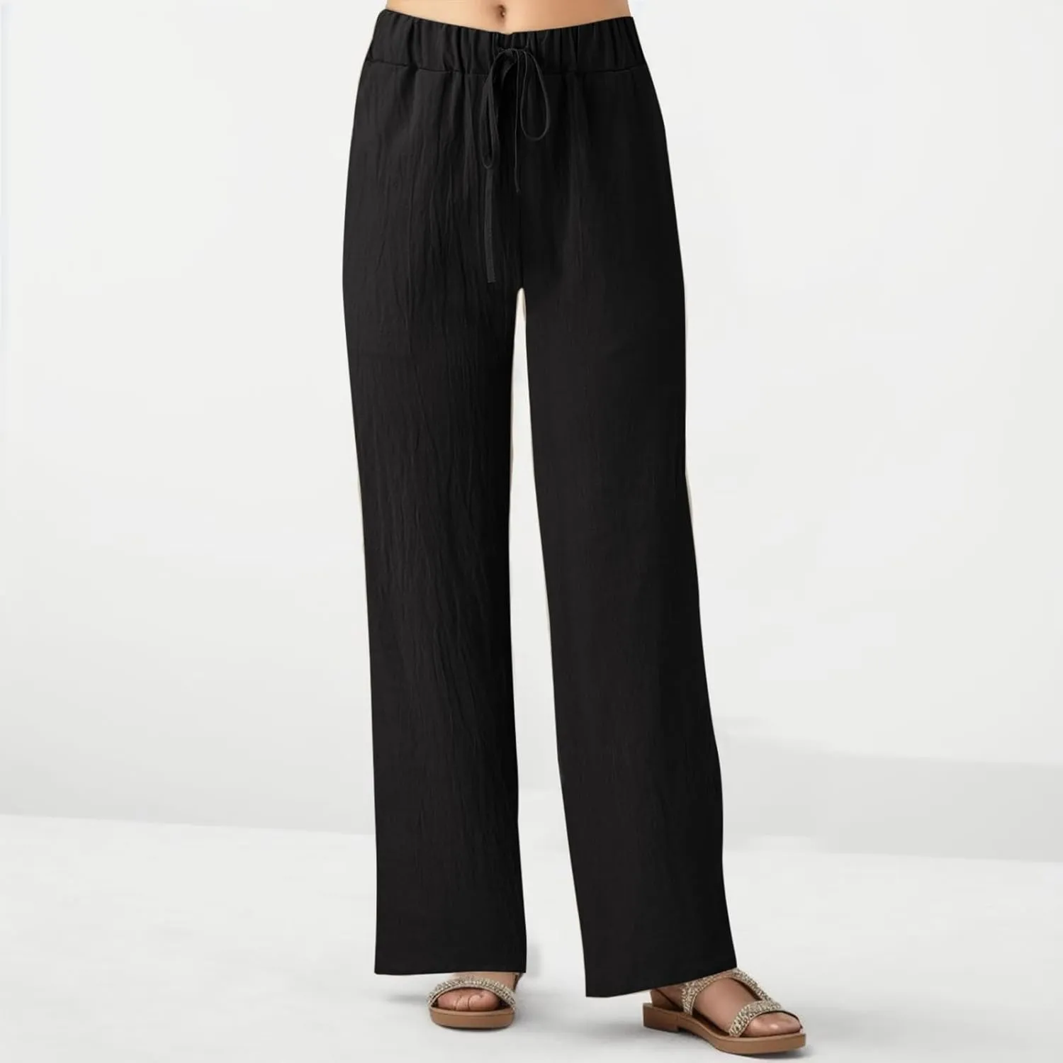 Women Linen Cotton Summer Pants Drawstring Elastic Waist Palazzo Trousers Straight Wide Leg Baagy Casual Pocket Pants