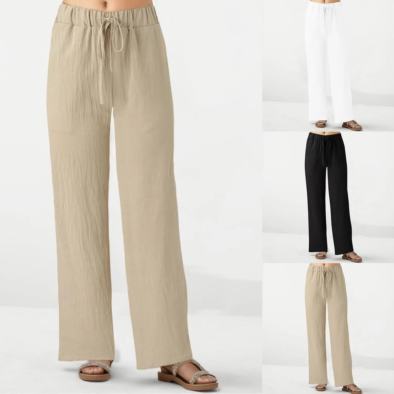 Women Linen Cotton Summer Pants Drawstring Elastic Waist Palazzo Trousers Straight Wide Leg Baagy Casual Pocket Pants