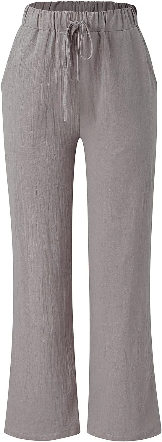 Women Linen Cotton Summer Pants Drawstring Elastic Waist Palazzo Trousers Straight Wide Leg Baagy Casual Pocket Pants