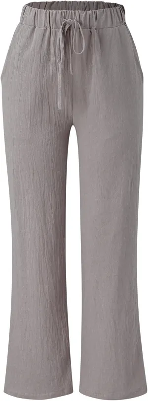 Women Linen Cotton Summer Pants Drawstring Elastic Waist Palazzo Trousers Straight Wide Leg Baagy Casual Pocket Pants