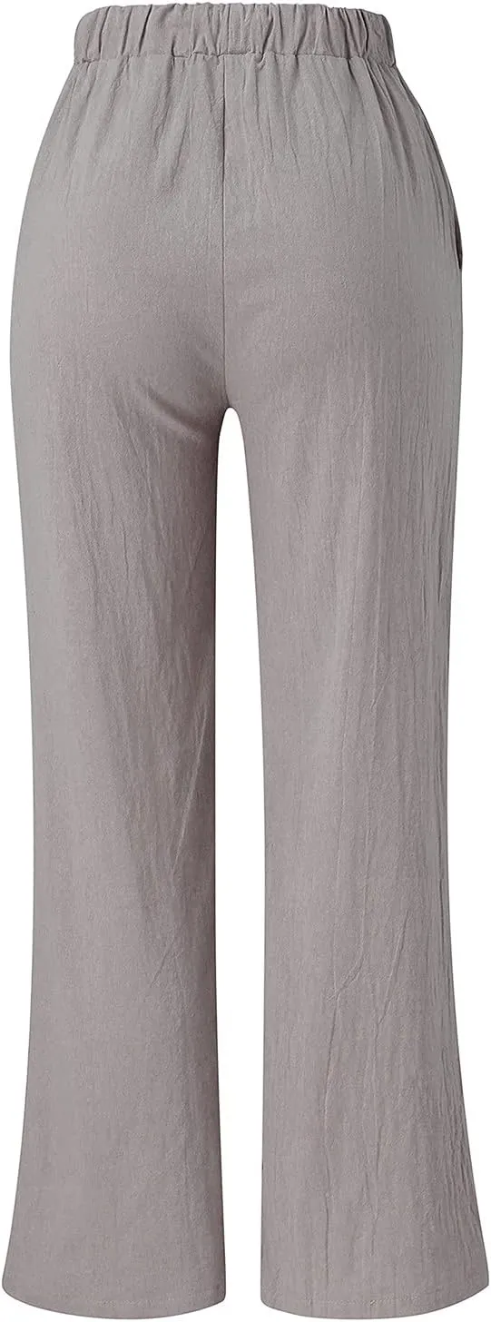 Women Linen Cotton Summer Pants Drawstring Elastic Waist Palazzo Trousers Straight Wide Leg Baagy Casual Pocket Pants