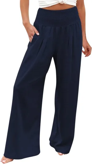 Women Linen Palazzo Pants 2025 Summer Casual Loose Fit Smocked High Waist Wide Leg Flowy Boho Beach Trousers