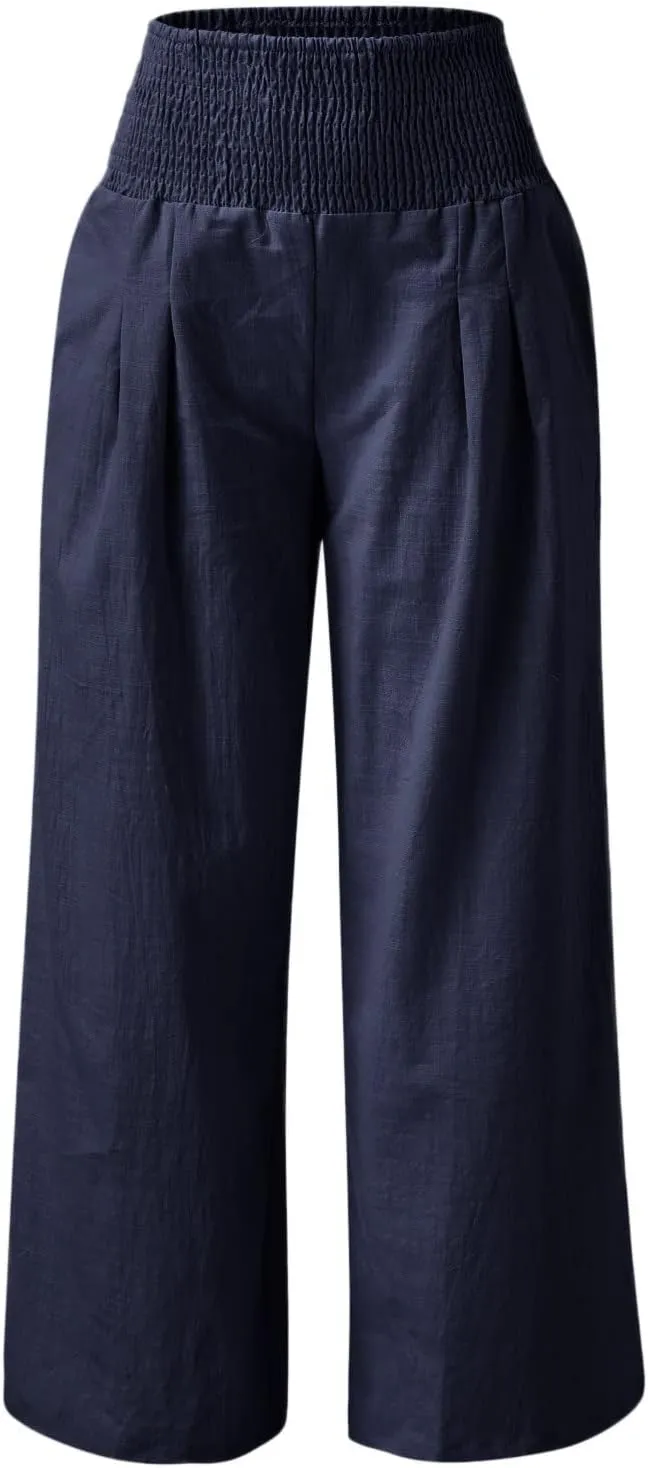 Women Linen Palazzo Pants 2025 Summer Casual Loose Fit Smocked High Waist Wide Leg Flowy Boho Beach Trousers