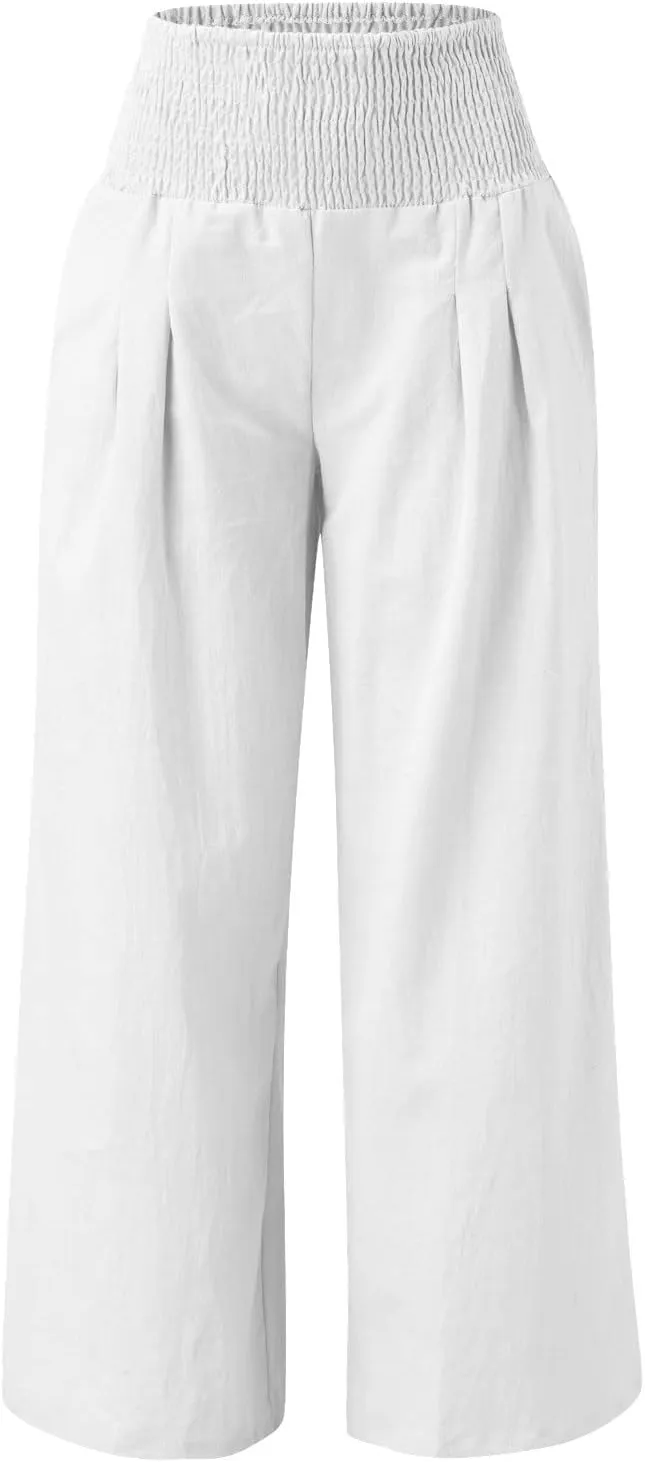 Women Linen Palazzo Pants 2025 Summer Casual Loose Fit Smocked High Waist Wide Leg Flowy Boho Beach Trousers