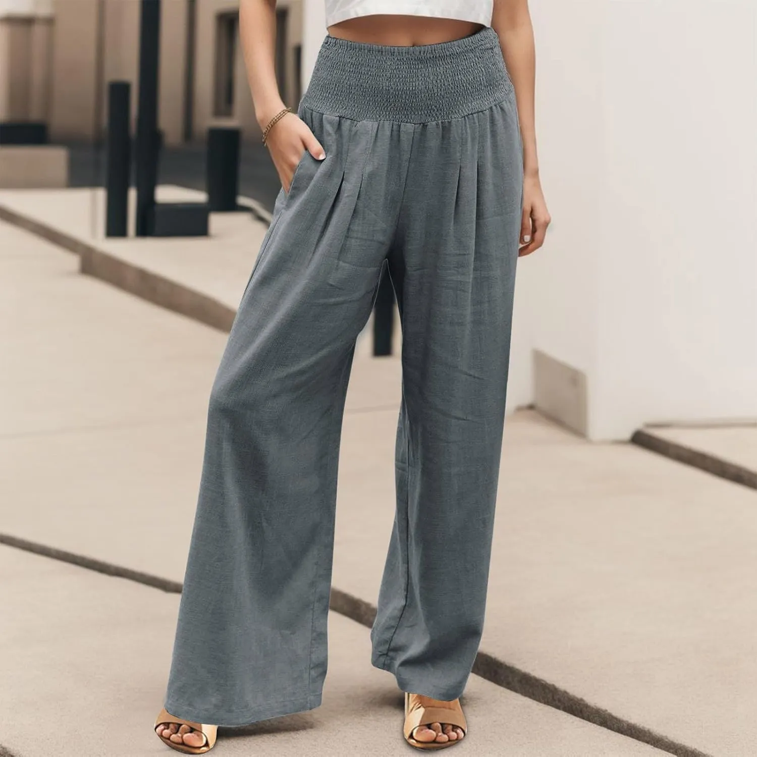 Women Linen Palazzo Pants 2025 Summer Casual Loose Fit Smocked High Waist Wide Leg Flowy Boho Beach Trousers