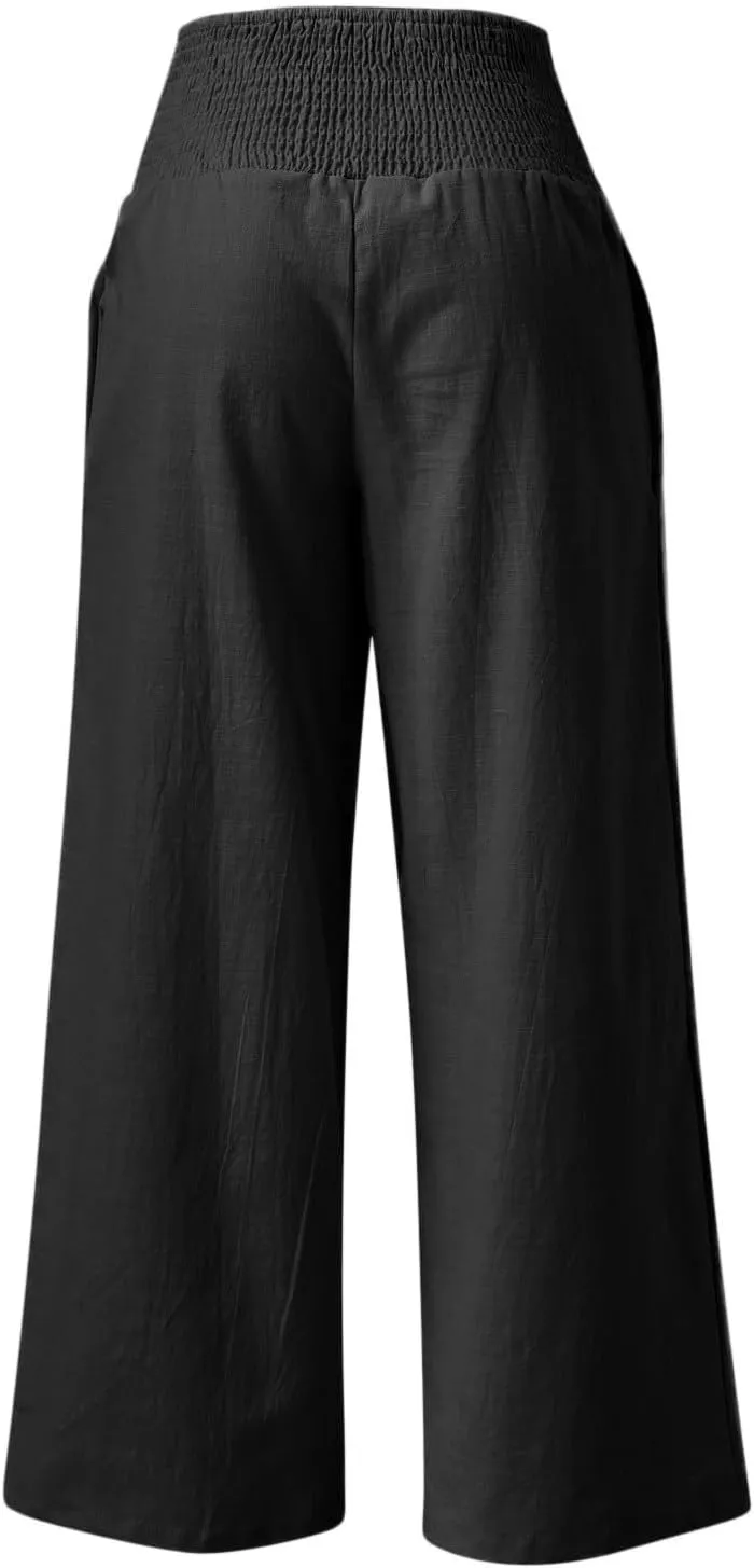 Women Linen Palazzo Pants 2025 Summer Casual Loose Fit Smocked High Waist Wide Leg Flowy Boho Beach Trousers