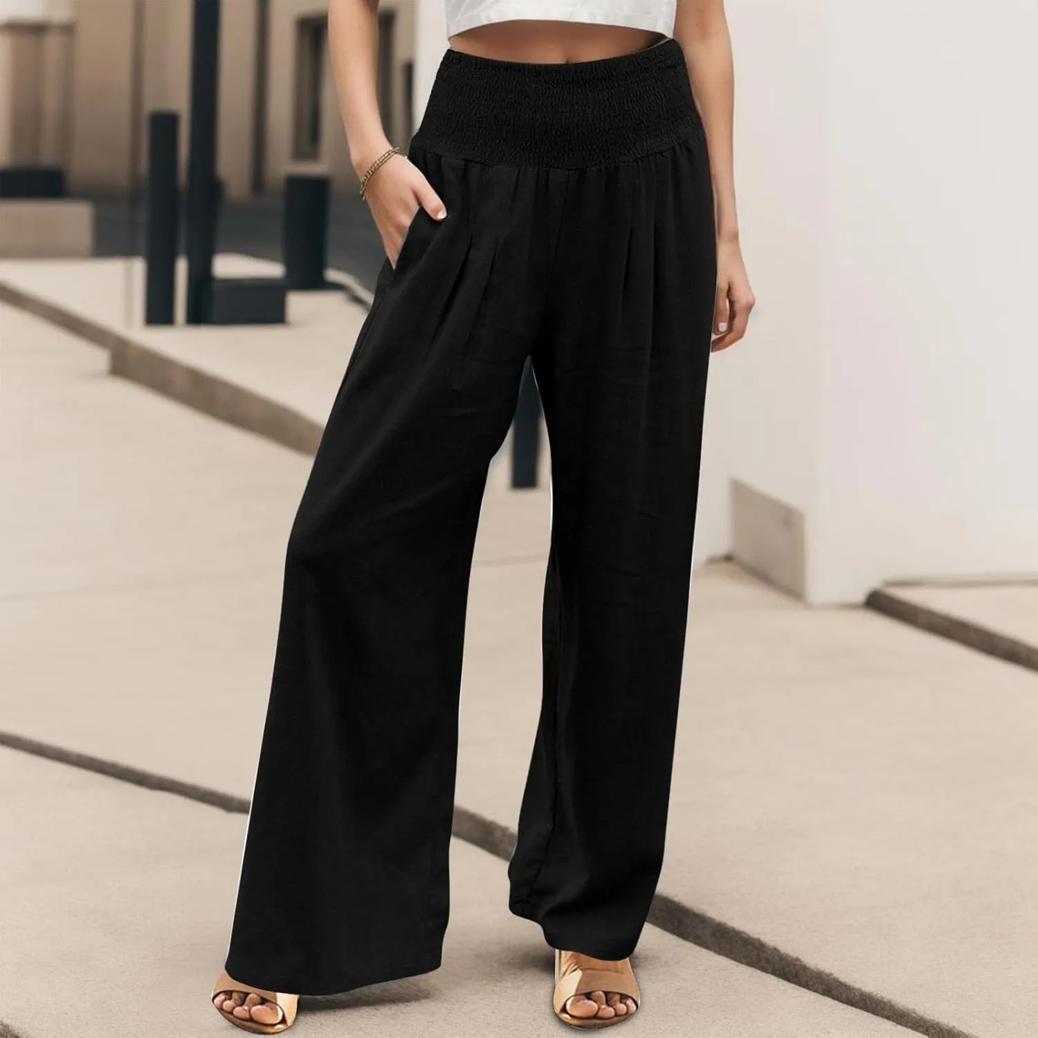 Women Linen Palazzo Pants 2025 Summer Casual Loose Fit Smocked High Waist Wide Leg Flowy Boho Beach Trousers