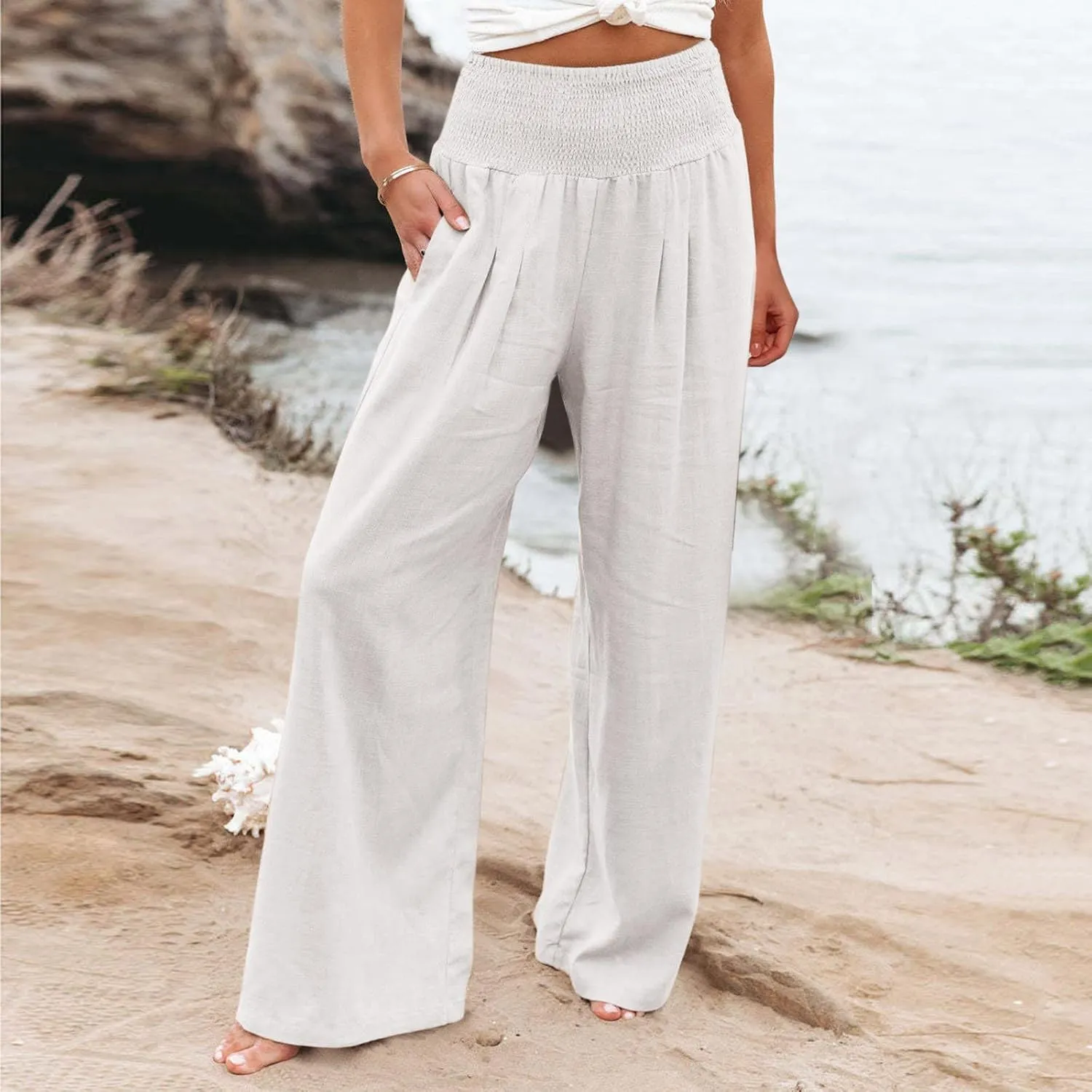 Women Linen Palazzo Pants 2025 Summer Casual Loose Fit Smocked High Waist Wide Leg Flowy Boho Beach Trousers