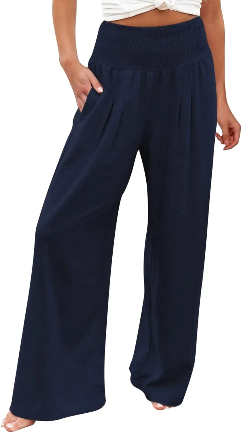 Women Linen Palazzo Pants 2025 Summer Casual Loose Fit Smocked High Waist Wide Leg Flowy Boho Beach Trousers