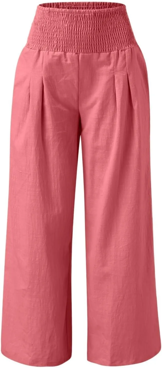 Women Linen Palazzo Pants 2025 Summer Casual Loose Fit Smocked High Waist Wide Leg Flowy Boho Beach Trousers