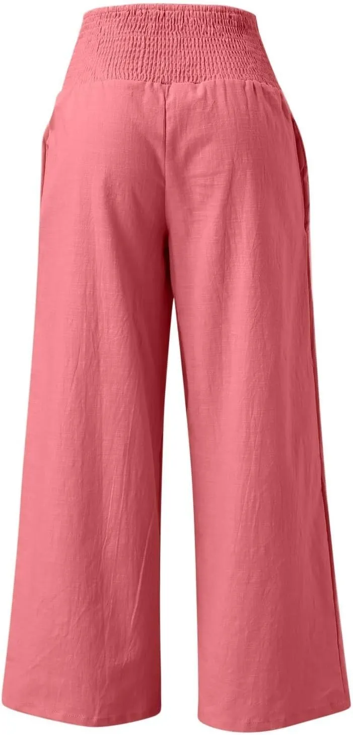 Women Linen Palazzo Pants 2025 Summer Casual Loose Fit Smocked High Waist Wide Leg Flowy Boho Beach Trousers