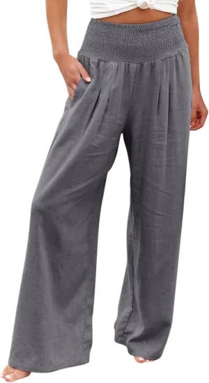 Women Linen Palazzo Pants 2025 Summer Casual Loose Fit Smocked High Waist Wide Leg Flowy Boho Beach Trousers