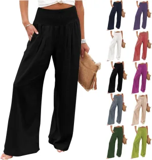 Women Linen Palazzo Pants 2025 Summer Casual Loose Fit Smocked High Waist Wide Leg Flowy Boho Beach Trousers