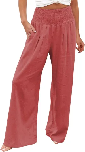 Women Linen Palazzo Pants 2025 Summer Casual Loose Fit Smocked High Waist Wide Leg Flowy Boho Beach Trousers