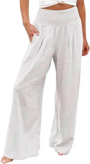 Women Linen Palazzo Pants 2025 Summer Casual Loose Fit Smocked High Waist Wide Leg Flowy Boho Beach Trousers