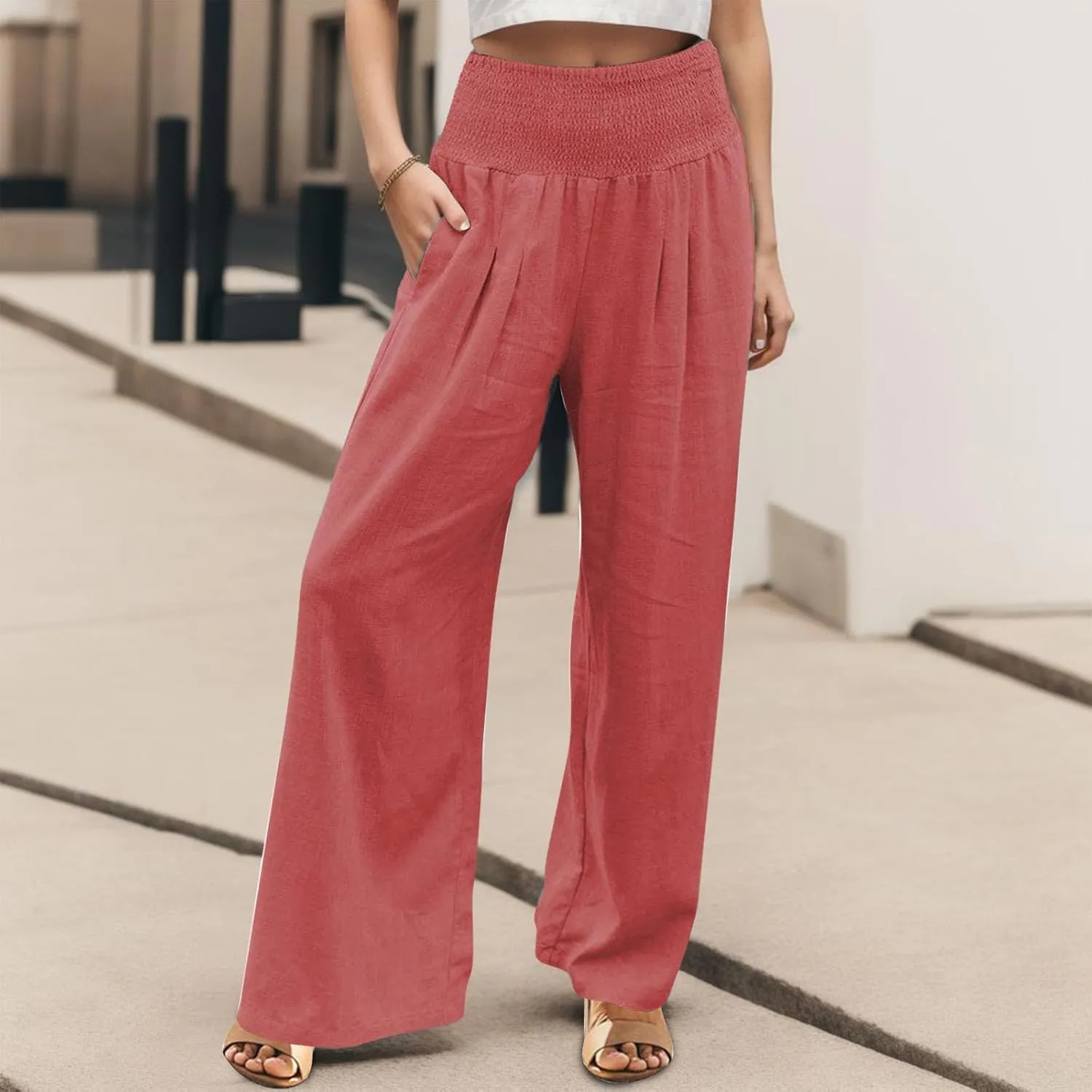 Women Linen Palazzo Pants 2025 Summer Casual Loose Fit Smocked High Waist Wide Leg Flowy Boho Beach Trousers