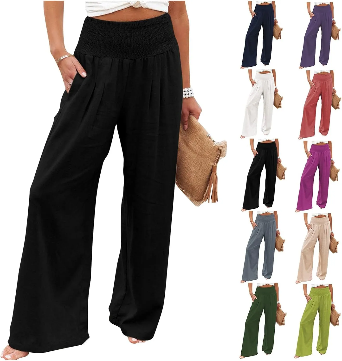 Women Linen Palazzo Pants 2025 Summer Casual Loose Fit Smocked High Waist Wide Leg Flowy Boho Beach Trousers