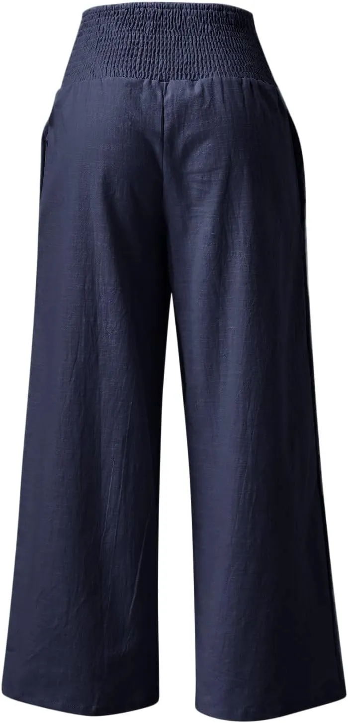 Women Linen Palazzo Pants 2025 Summer Casual Loose Fit Smocked High Waist Wide Leg Flowy Boho Beach Trousers