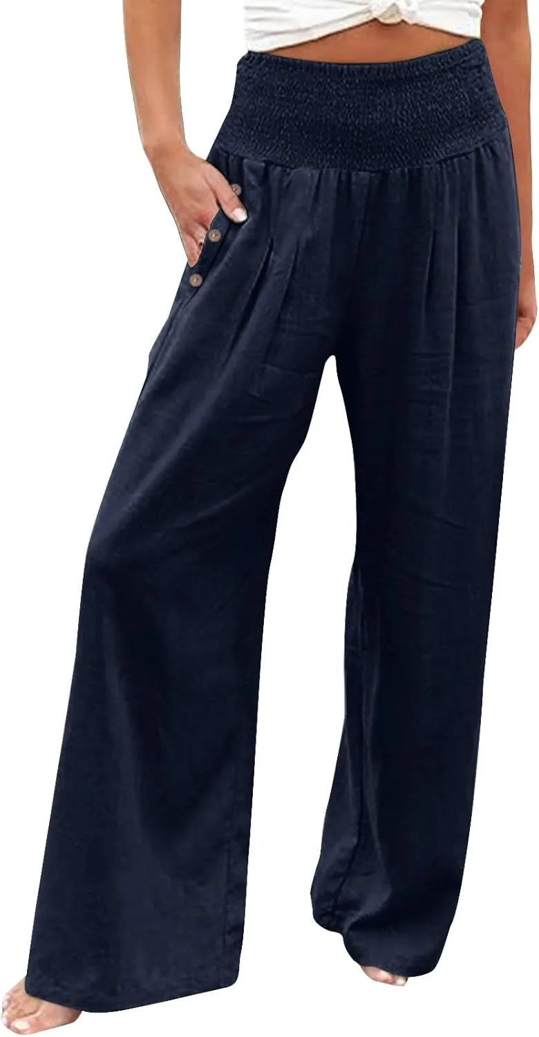 Women Linen Pants 2025 Summer Casual Loose Wide Leg Palazzo Pants Smocked High Waist Flowy Beach Trousers