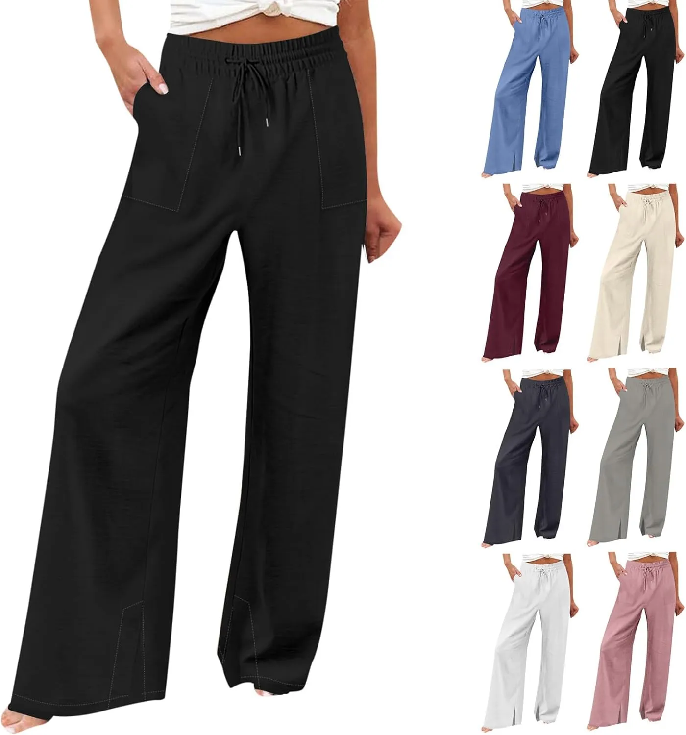 Women Linen Pants 2025 Summer Casual Loose Wide Leg Palazzo Pants Smocked High Waist Flowy Beach Trousers