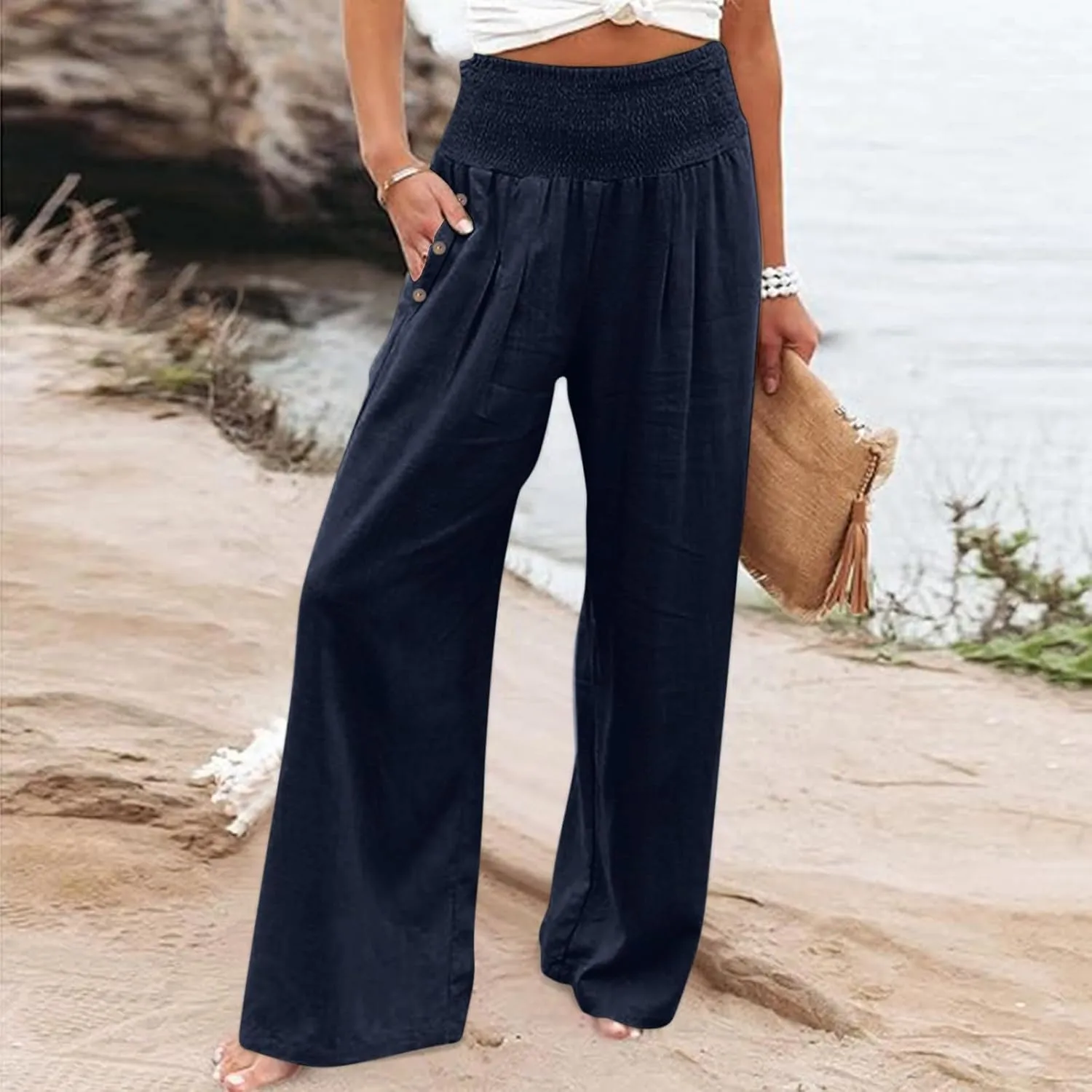 Women Linen Pants 2025 Summer Casual Loose Wide Leg Palazzo Pants Smocked High Waist Flowy Beach Trousers