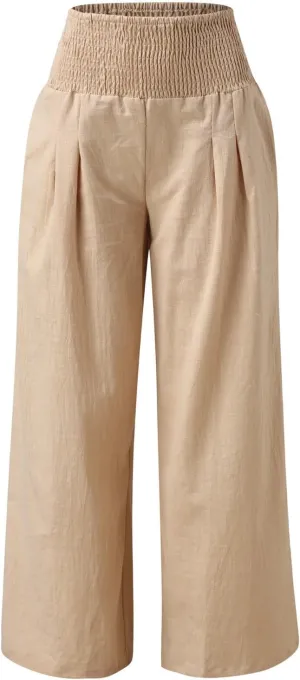 Women Palazzo Trousers 2024 Summer Linen Cotton Casual Pants Elastic High Waist Loose Fit Solid Straight Wide Leg Pants