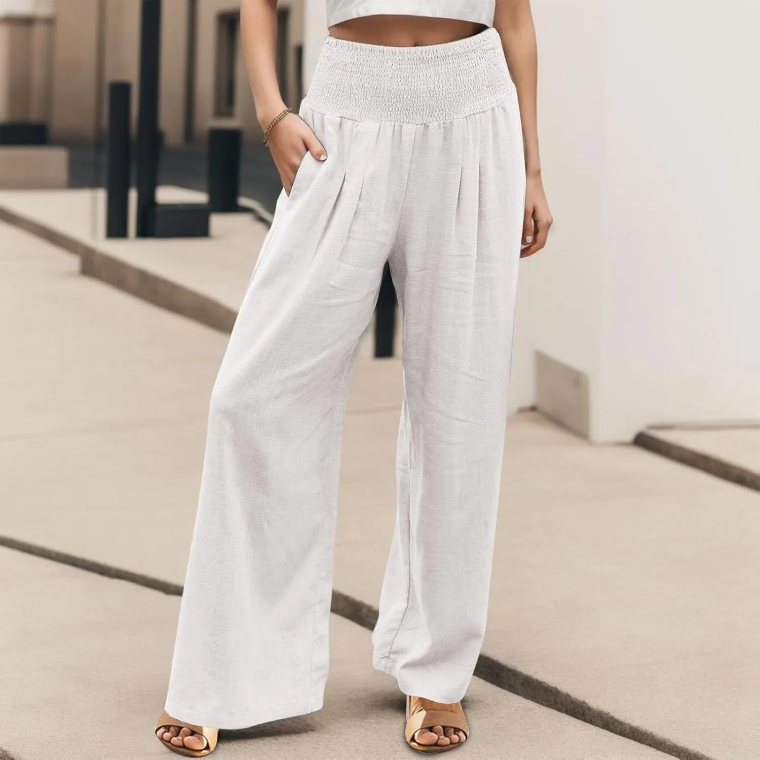 Women Palazzo Trousers 2024 Summer Linen Cotton Casual Pants Elastic High Waist Loose Fit Solid Straight Wide Leg Pants