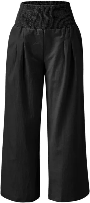 Women Palazzo Trousers 2024 Summer Linen Cotton Casual Pants Elastic High Waist Loose Fit Solid Straight Wide Leg Pants