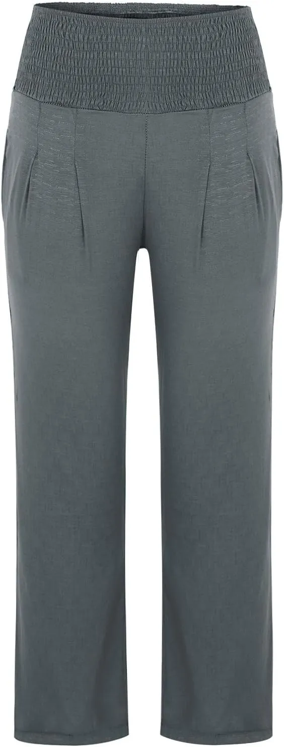 Women Palazzo Trousers 2024 Summer Linen Cotton Casual Pants Elastic High Waist Loose Fit Solid Straight Wide Leg Pants