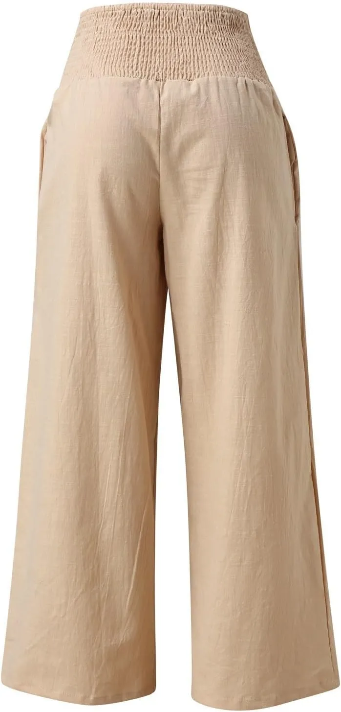 Women Palazzo Trousers 2024 Summer Linen Cotton Casual Pants Elastic High Waist Loose Fit Solid Straight Wide Leg Pants