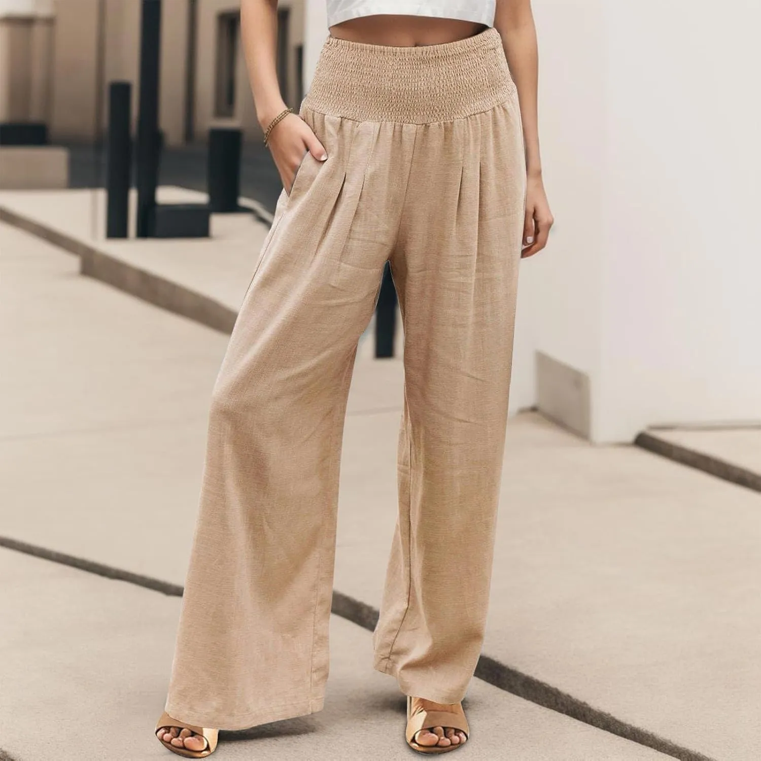 Women Palazzo Trousers 2024 Summer Linen Cotton Casual Pants Elastic High Waist Loose Fit Solid Straight Wide Leg Pants