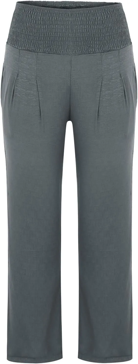 Women Palazzo Trousers 2024 Summer Linen Cotton Casual Pants Elastic High Waist Loose Fit Solid Straight Wide Leg Pants
