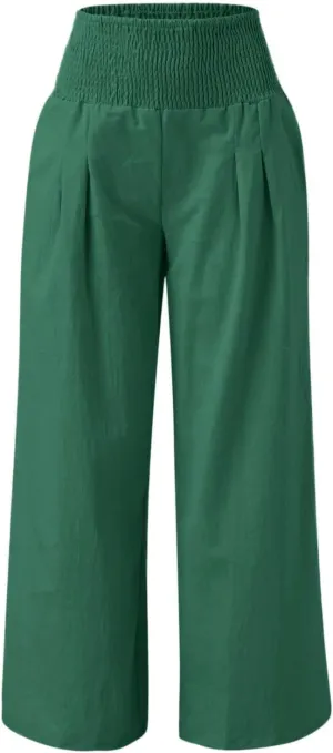 Women Palazzo Trousers 2024 Summer Linen Cotton Casual Pants Elastic High Waist Loose Fit Solid Straight Wide Leg Pants